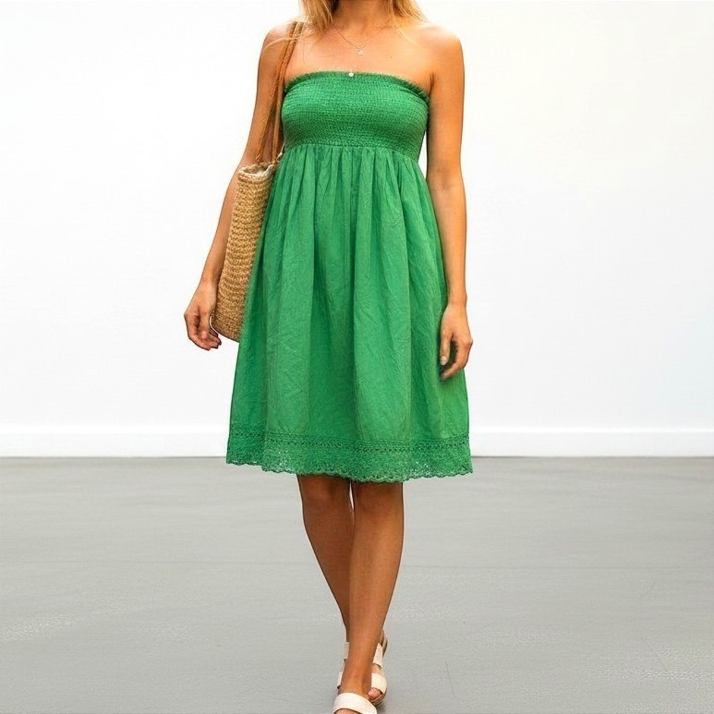 Women's J.Crew Green 100% Cotton Strapless Dress Y2K Above Knee SZ XS